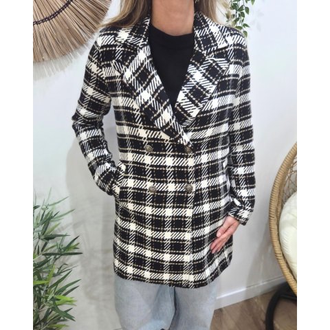 Manteau femme à carreaux noirs blancs et camels