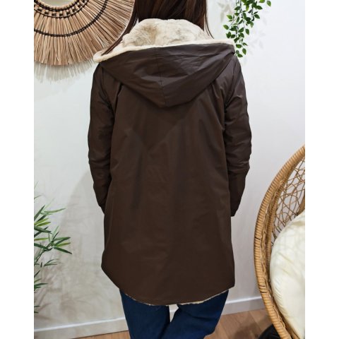 Parka longue femme marron fourrée beige réversible Théia
