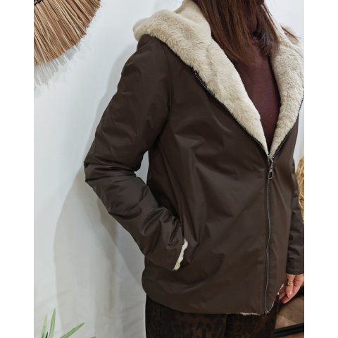 Parka courte femme marron fourrée beige réversible Inara