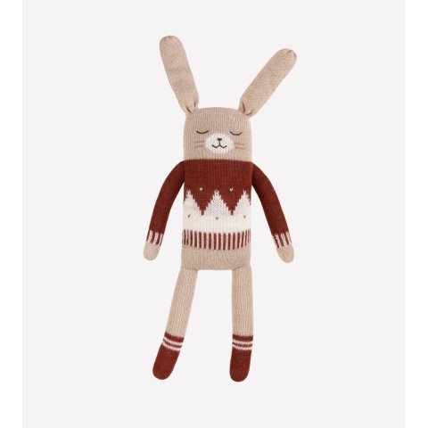 Grand doudou lapin, pull jacquard sienne en laine d'alpaga
