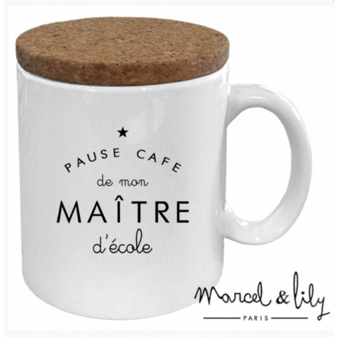 Mug Couvercle en Liège "PAUSE CAFE DE MON MAÎTRE D'ECOLE"