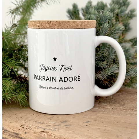 Mug avec couvercle en liège "JOYEUX NOËL PARRAIN ADORE"