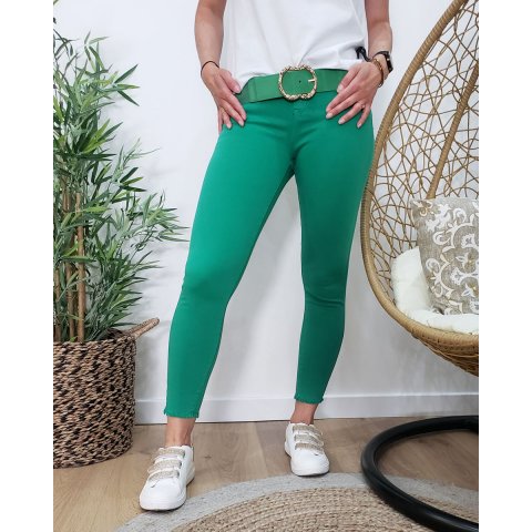 Pantalon femme vert gazon 7/8 skinny taille haute