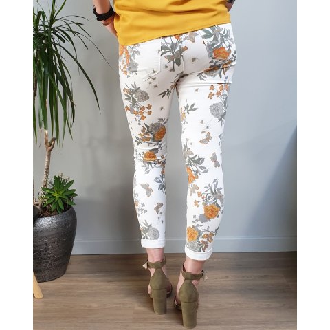 Pantalon blanc fleurs et papillons oranges et grises taille haute