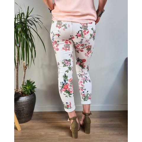 Pantalon blanc fleurs roses vertes et bleues taille haute