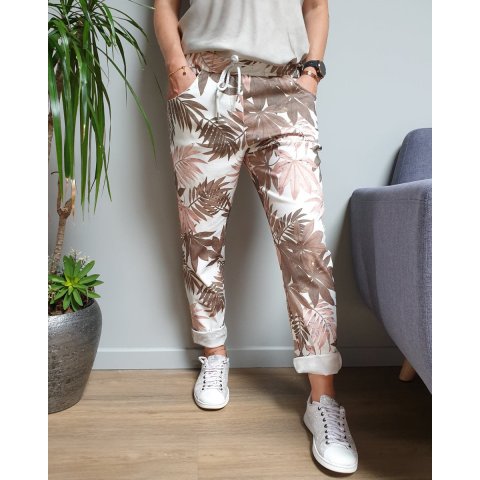 Pantalon fluide blanc feuillages rose et kaki