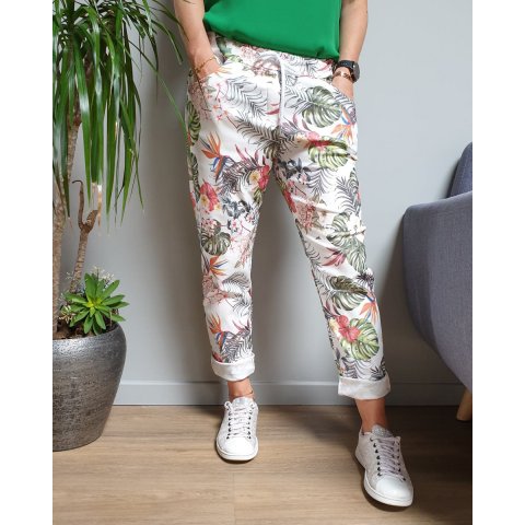 Pantalon fluide blanc feuillages et fleurs exotiques multicolores