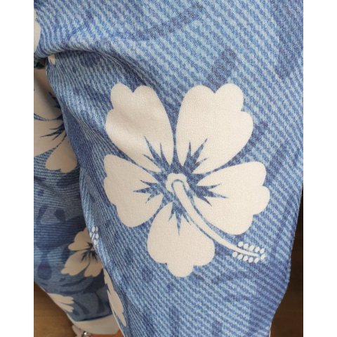 Pantalon fluide bleu grosses fleurs exotiques blanches
