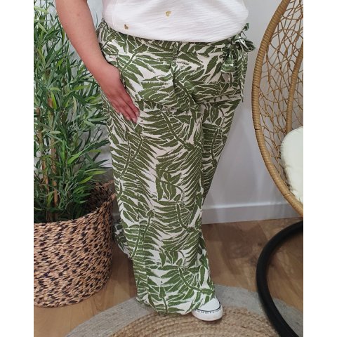 Pantalon femme fluide écru motifs verts Bettina