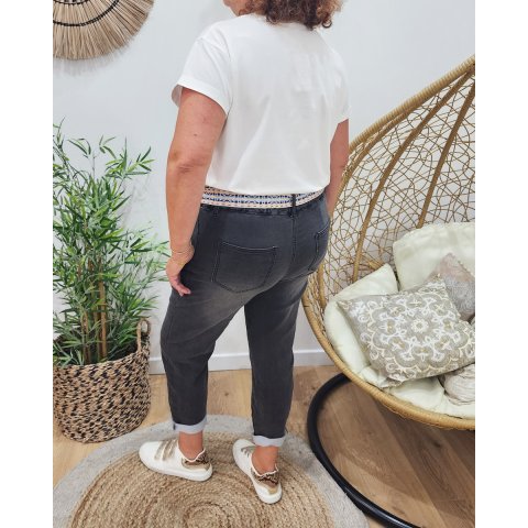 Jean femme elastique grande taille gris ceinture brodee Cathy 305896