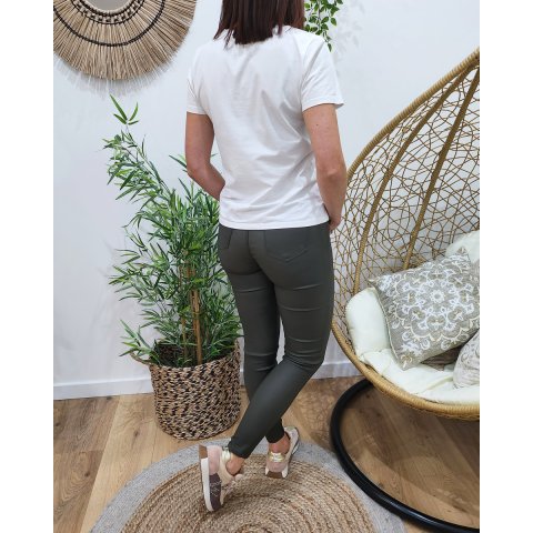 Pantalon femme similicuir kaki foncé skinny