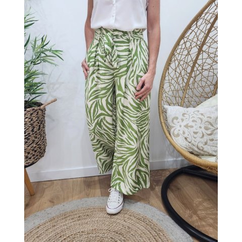Pantalon fluide femme motifs verts et ecrus 336431