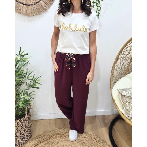 Pantalon fluide femme large rouge bordeaux ceinture à motifs Maïra