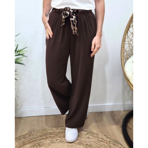 Pantalon fluide femme large marron ceinture à motifs Maïra