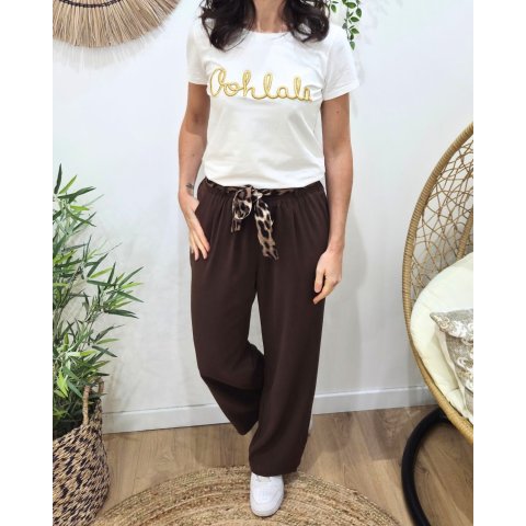 Pantalon fluide femme large marron ceinture à motifs Maïra