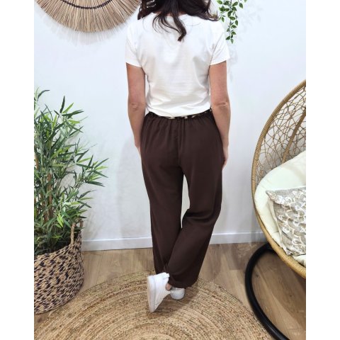 Pantalon fluide femme large marron ceinture à motifs Maïra