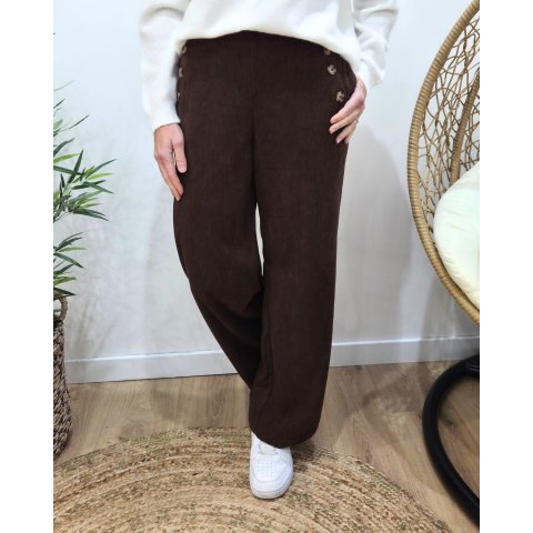 Pantalon large velours femme taille haute boutonné marron