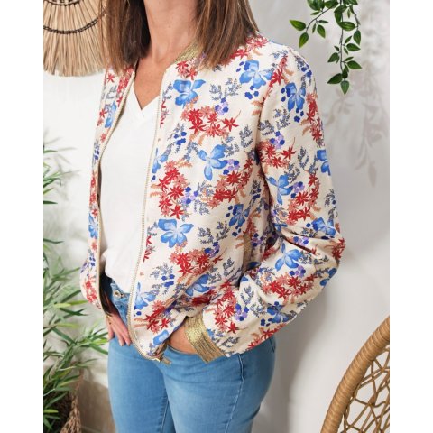 Bombers femme beige fleurs bleus et rouges Daryna