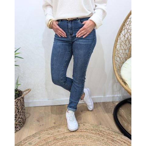 Jean femme slim bleu foncé délavé coupe confort push up