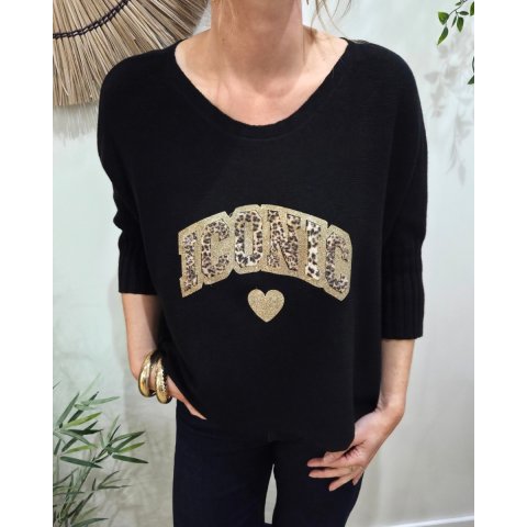 Pull femme oversize col rond Iconic léopard pailleté