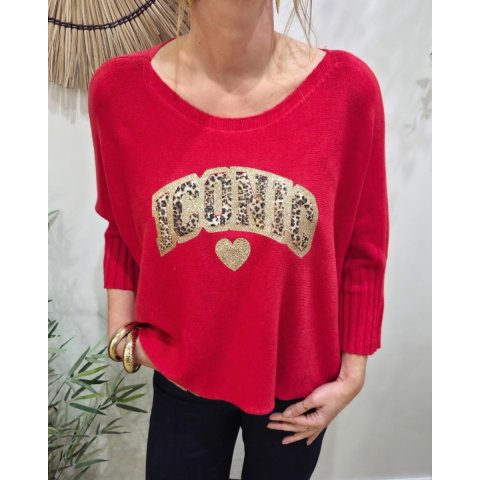 Pull femme oversize col rond Iconic léopard pailleté