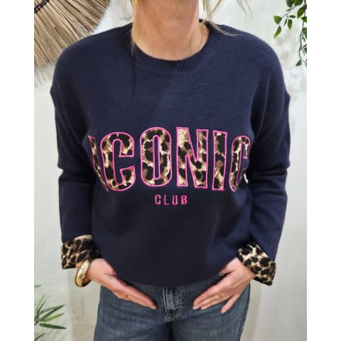 Pull femme bleu marine ICONIC club léopard et rose