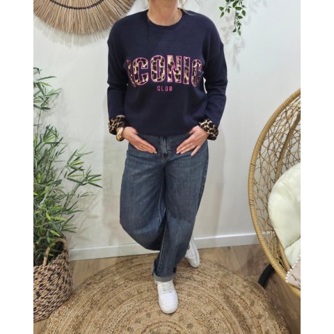 Pull femme bleu marine ICONIC club léopard et rose