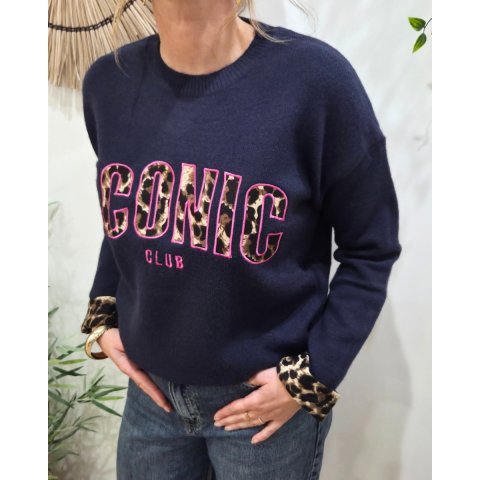 Pull femme bleu marine ICONIC club léopard et rose