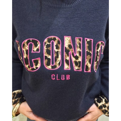 Pull femme bleu marine ICONIC club léopard et rose