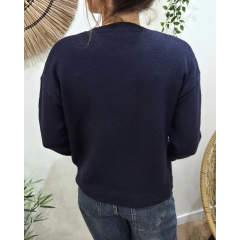 Pull femme bleu marine ICONIC club léopard et rose