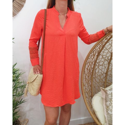 Robe droite femme corail fluo manches brodées