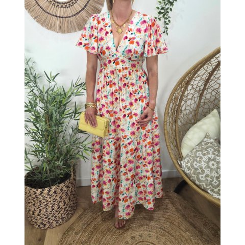Robe femme longue écrue imprimés fleuris oranges fuchsia multicolores fluide été