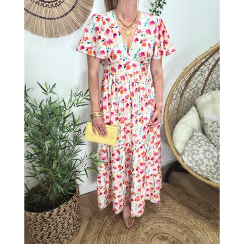 Robe femme longue écrue imprimés fleuris oranges fuchsia multicolores fluide été
