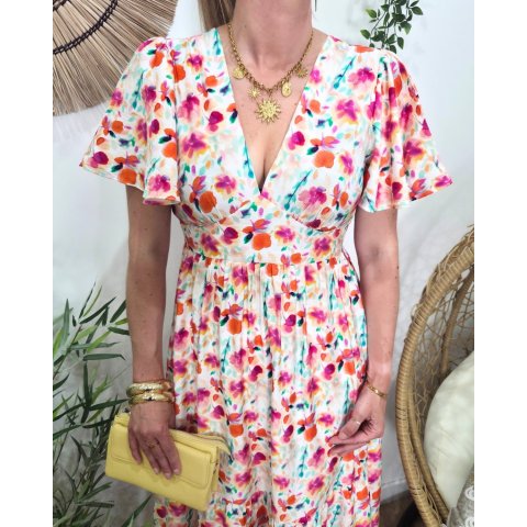 Robe femme longue écrue imprimés fleuris oranges fuchsia multicolores fluide été