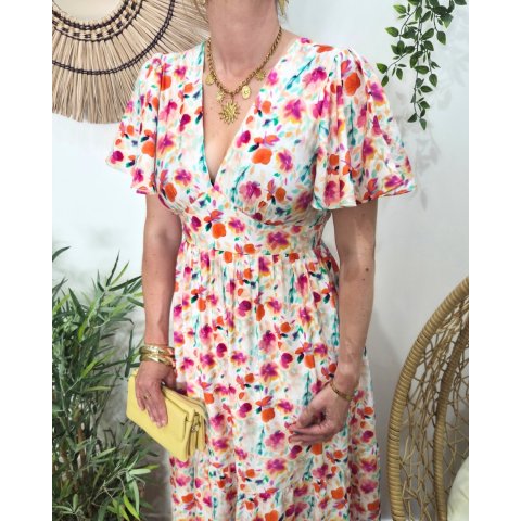 Robe femme longue écrue imprimés fleuris oranges fuchsia multicolores fluide été
