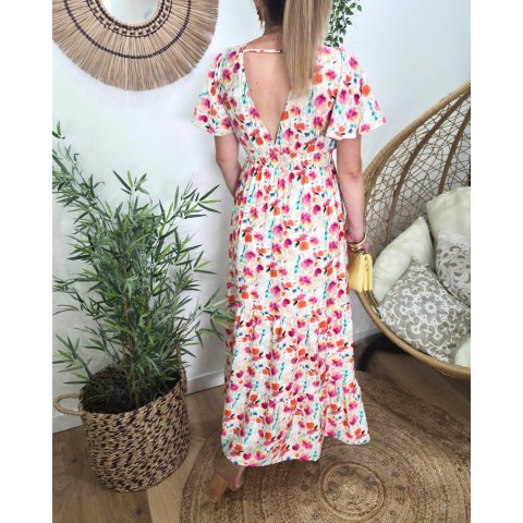 Robe femme longue écrue imprimés fleuris oranges fuchsia multicolores fluide été