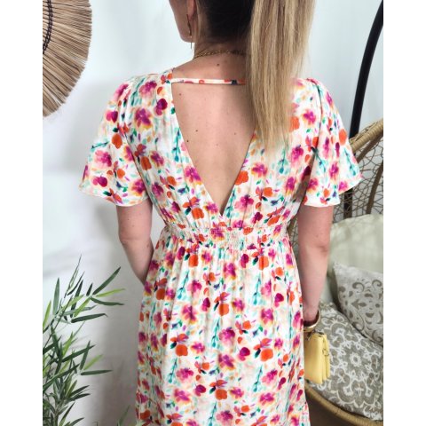 Robe femme longue écrue imprimés fleuris oranges fuchsia multicolores fluide été