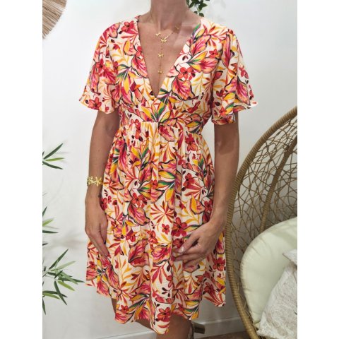  Robe courte femme beige fleurs fuchsia oranges multicolores Seraphine