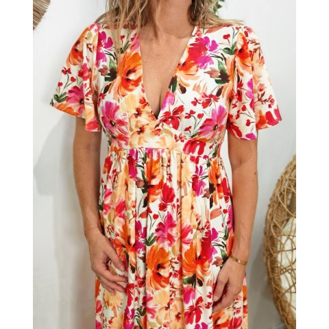  Robe longue femme manches courtes fleurs oranges fuchsia et jaunes Rachele