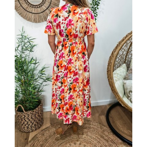  Robe longue femme manches courtes fleurs oranges fuchsia et jaunes Rachele