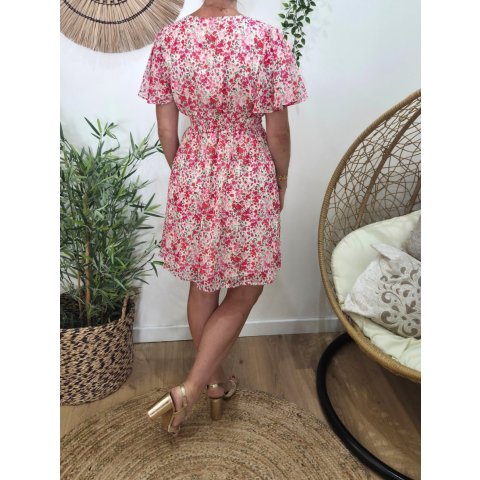 Robe courte femme écrue fleurs roses rouges Noémie