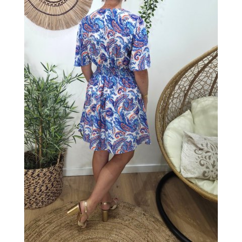  Robe courte femme écrue motifs fleuris bleus oranges Myrtille