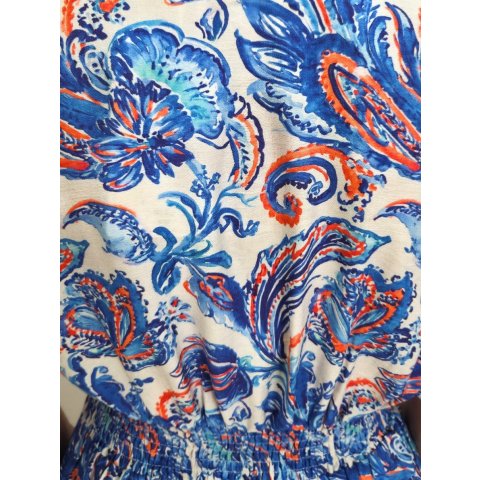  Robe courte femme écrue motifs fleuris bleus oranges Myrtille