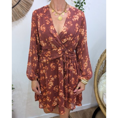  Robe courte femme terracotta motifs fleuris liseré cuivré