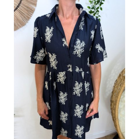  Robe chemise femme marine broderies fleuries écrues