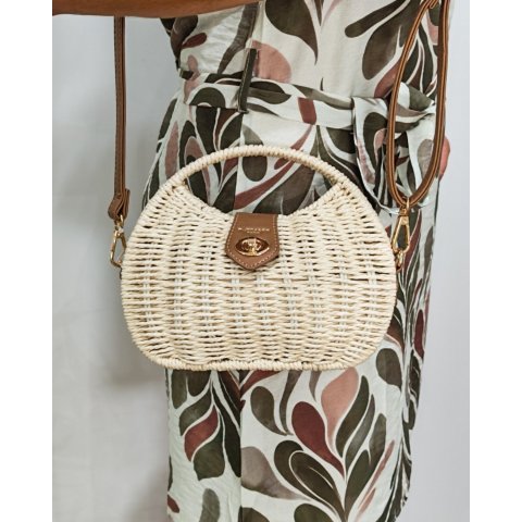 Sac à bandoulière en paille beige rigide rond