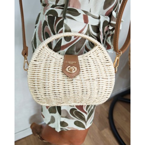 Sac à bandoulière en paille beige rigide rond
