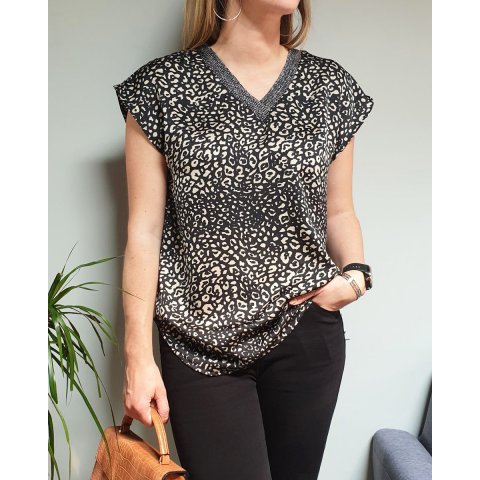 T-shirt imprimé léopard noir col V pailleté