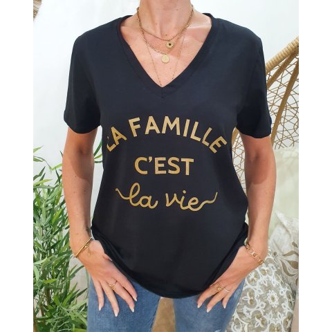 T-shirt La Famille c'est la vie col V Noir