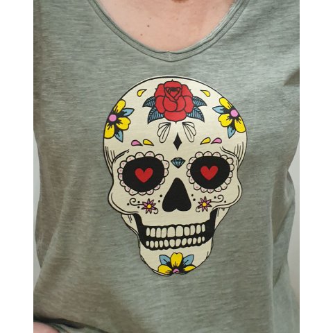 T-Shirt Tête de mort fleurie col V